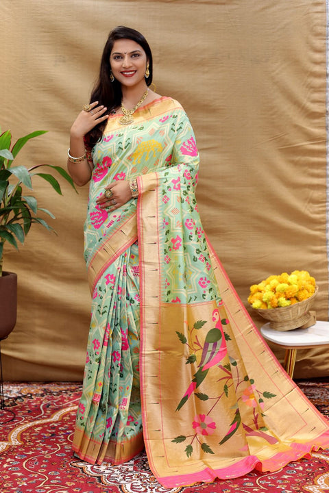 VastraLakshmi Groovy Pista Paithani Silk Saree With Radiant Blouse Piece