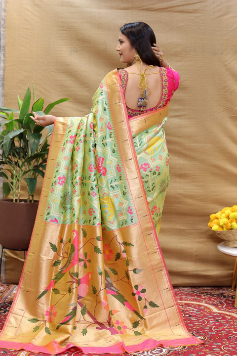 VastraLakshmi Groovy Pista Paithani Silk Saree With Radiant Blouse Piece