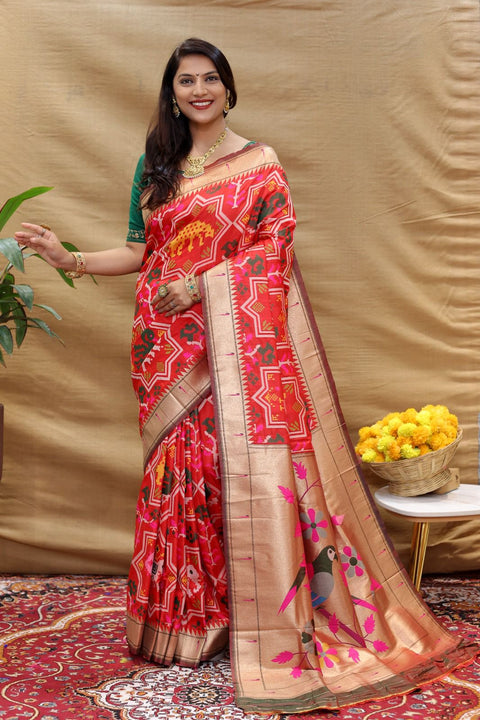 VastraLakshmi Beautiful Red Paithani Silk Saree With Skinny Blouse Piece