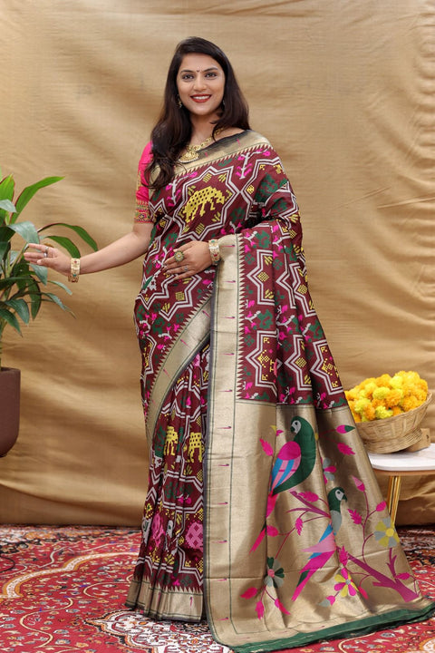 VastraLakshmi Trendy Wine Paithani Silk Saree With Stylish Blouse Piece