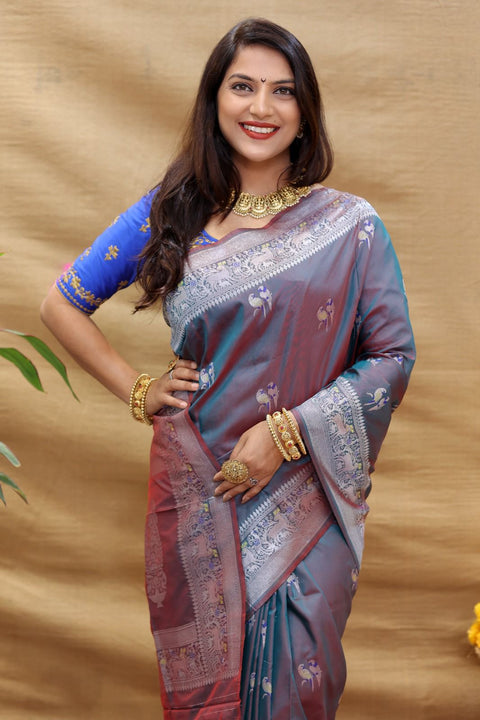 VastraLakshmi Jazzy Dark Grey Soft Banarasi Silk Saree With Radiant Blouse Piece