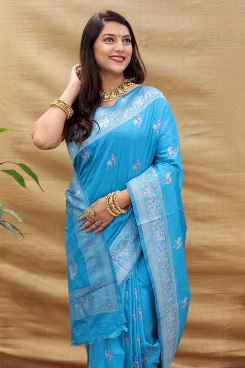 VastraLakshmi Delightful Firozi Soft Banarasi Silk Saree With Entrancing Blouse Piece