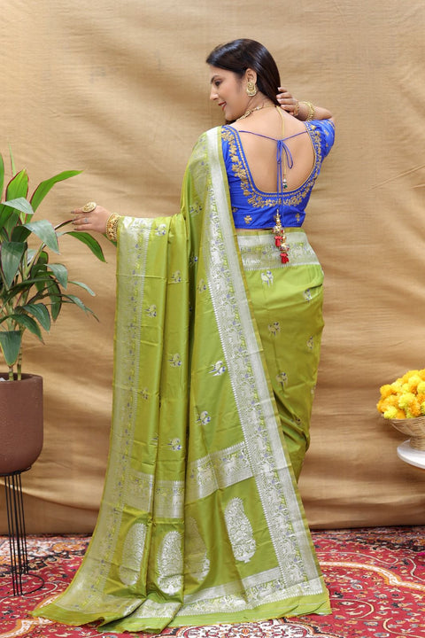 VastraLakshmi Fairytale Green Soft Banarasi Silk Saree With Chatoyant Blouse Piece