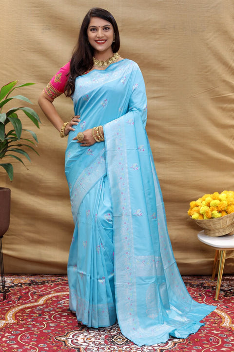 VastraLakshmi Beautiful Sky Soft Banarasi Silk Saree With Impressive Blouse Piece