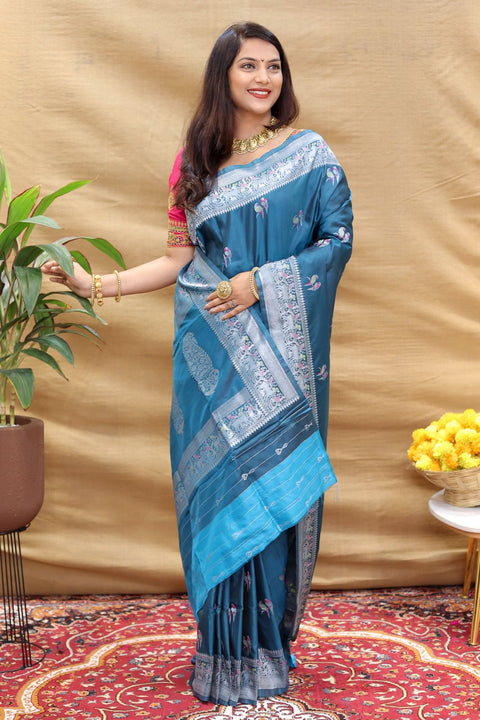 VastraLakshmi Appealing Teal Blue Soft Banarasi Silk Saree With Hypnotic Blouse Piece