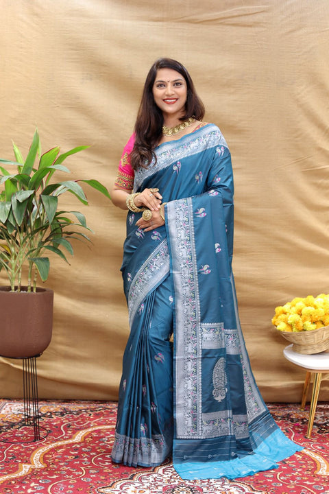 VastraLakshmi Appealing Teal Blue Soft Banarasi Silk Saree With Hypnotic Blouse Piece