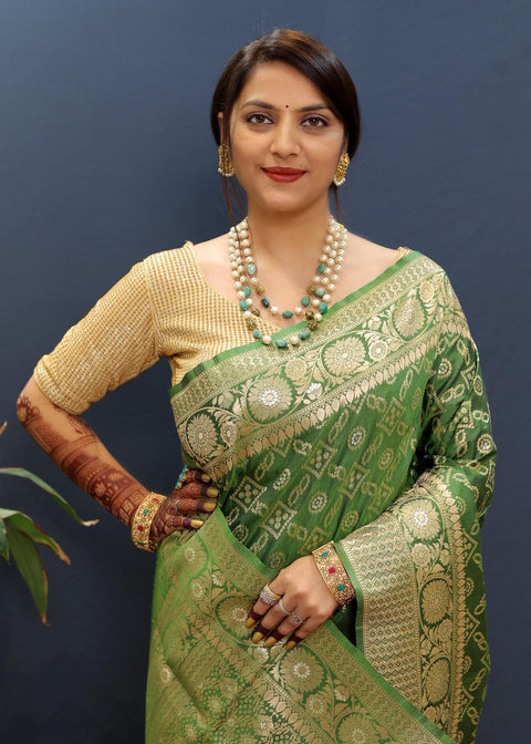 VastraLakshmi Enticing Green Soft Banarasi Silk Saree With Dissemble Blouse Piece