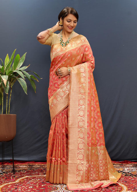 VastraLakshmi Nemesis Peach Soft Banarasi Silk Saree With Ratatouille Blouse Piece