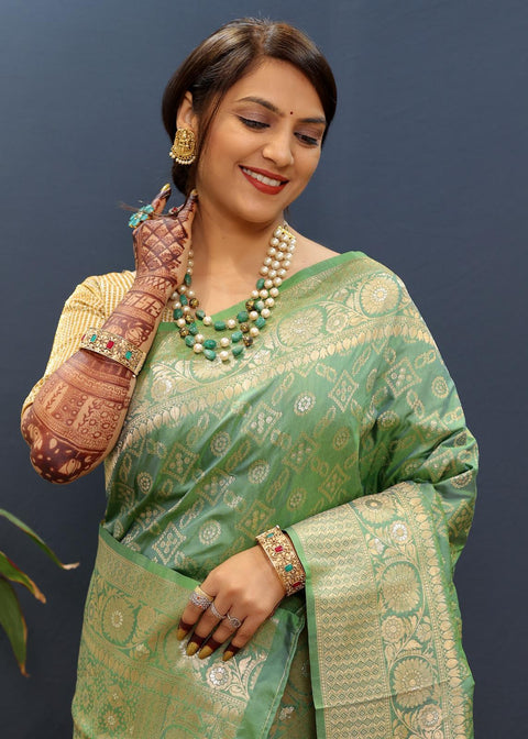 VastraLakshmi Confounding Sea Green Soft Banarasi Silk Saree With Smashing Blouse Piece