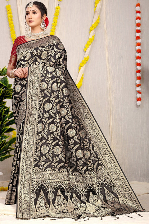 VastraLakshmi Mesmerising Black Soft Banarasi Silk Saree With Nemesis Blouse Piece