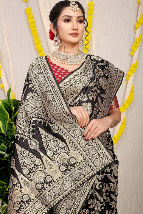 VastraLakshmi Mesmerising Black Soft Banarasi Silk Saree With Nemesis Blouse Piece