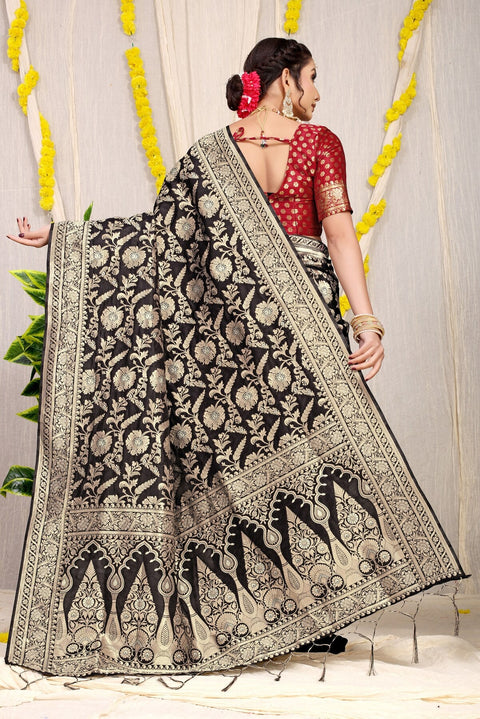 VastraLakshmi Mesmerising Black Soft Banarasi Silk Saree With Nemesis Blouse Piece