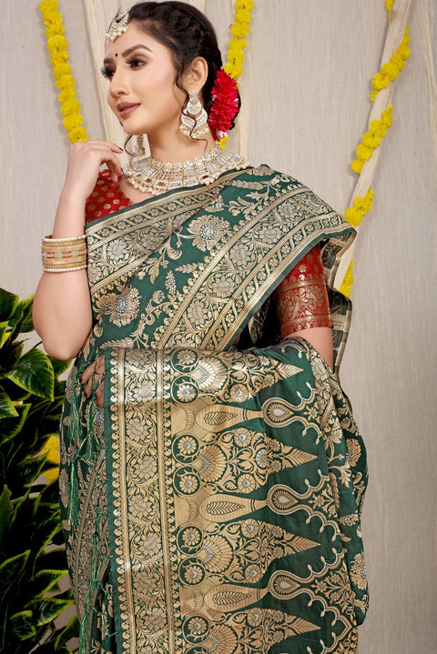 VastraLakshmi Lovely Dark Green Soft Banarasi Silk Saree With Nemesis Blouse Piece