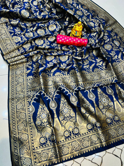 VastraLakshmi Refreshing Navy Blue Soft Banarasi Silk Saree With Nemesis Blouse Piece