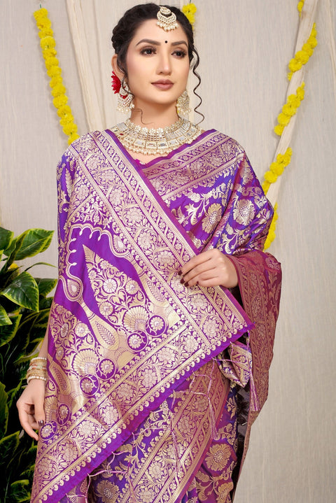 VastraLakshmi Stylish Purple Soft Banarasi Silk Saree With Nemesis Blouse Piece