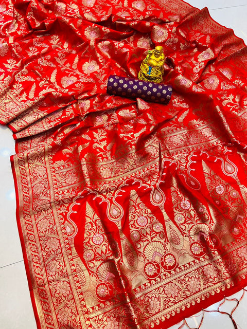 VastraLakshmi Eye-catching Red Soft Banarasi Silk Saree With Nemesis Blouse Piece