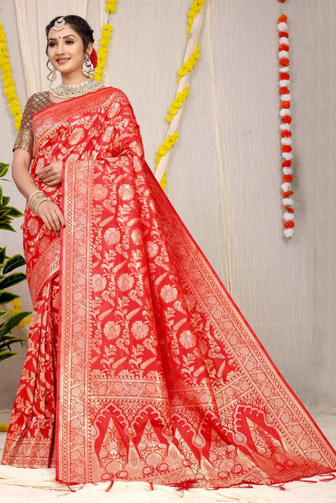 VastraLakshmi Eye-catching Red Soft Banarasi Silk Saree With Nemesis Blouse Piece