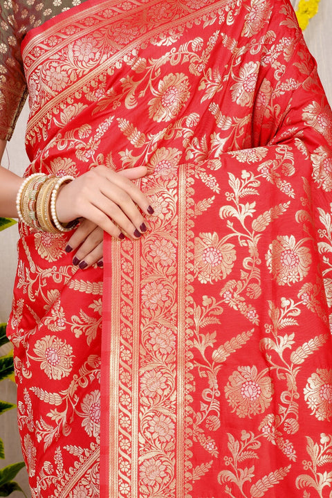 VastraLakshmi Eye-catching Red Soft Banarasi Silk Saree With Nemesis Blouse Piece