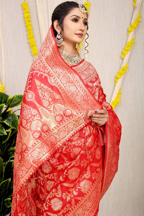 VastraLakshmi Eye-catching Red Soft Banarasi Silk Saree With Nemesis Blouse Piece