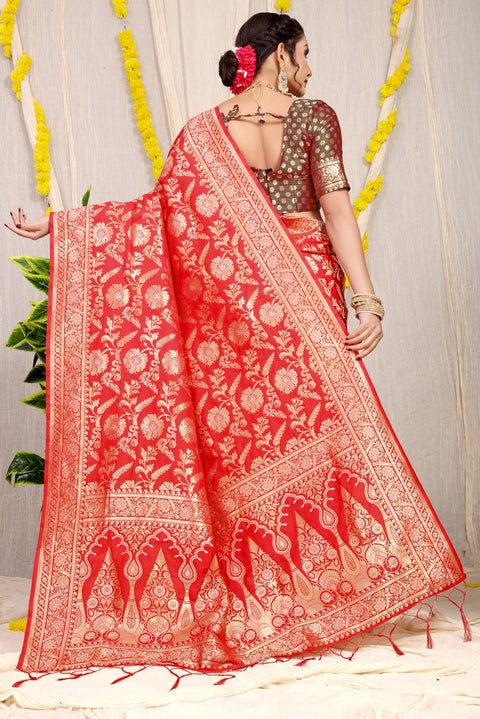 VastraLakshmi Eye-catching Red Soft Banarasi Silk Saree With Nemesis Blouse Piece