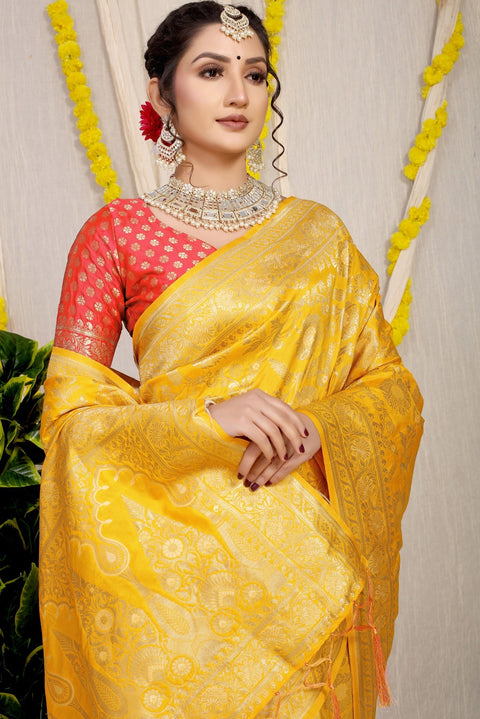 VastraLakshmi Demanding Yellow Soft Banarasi Silk Saree With Nemesis Blouse Piece