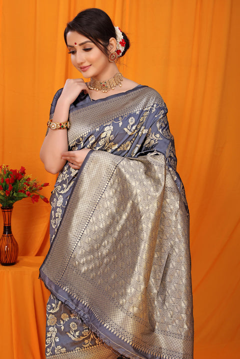 VastraLakshmi Lovely Grey Kanjivaram Silk With Scintilla Blouse Piece