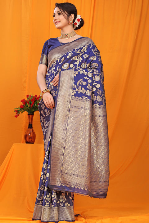 VastraLakshmi Gleaming Navy Blue Kanjivaram Silk With Scintilla Blouse Piece