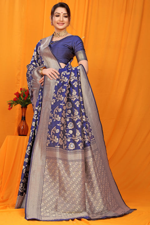 VastraLakshmi Gleaming Navy Blue Kanjivaram Silk With Scintilla Blouse Piece