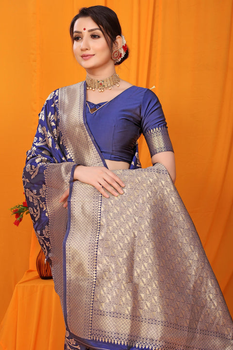 VastraLakshmi Gleaming Navy Blue Kanjivaram Silk With Scintilla Blouse Piece