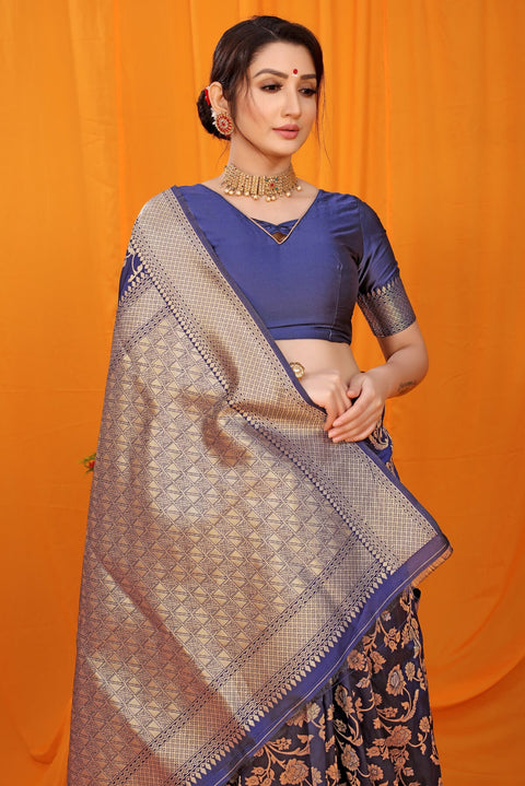 VastraLakshmi Gleaming Navy Blue Kanjivaram Silk With Scintilla Blouse Piece