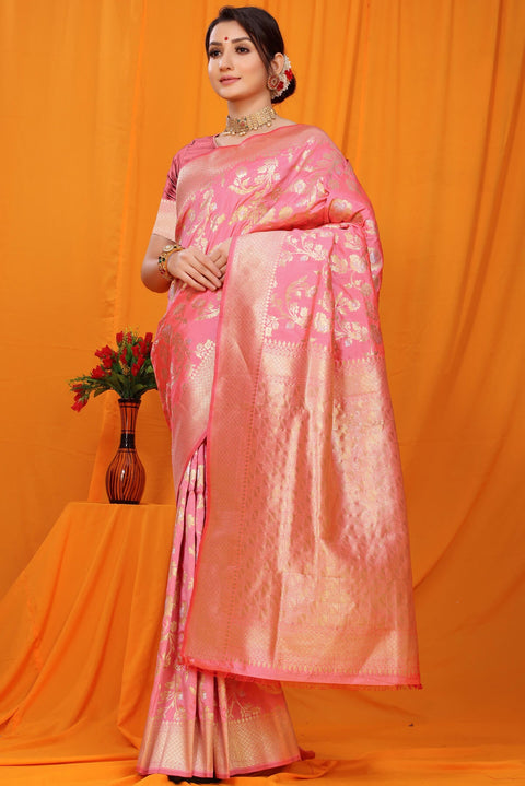 VastraLakshmi Gorgeous Pink Kanjivaram Silk With Scintilla Blouse Piece