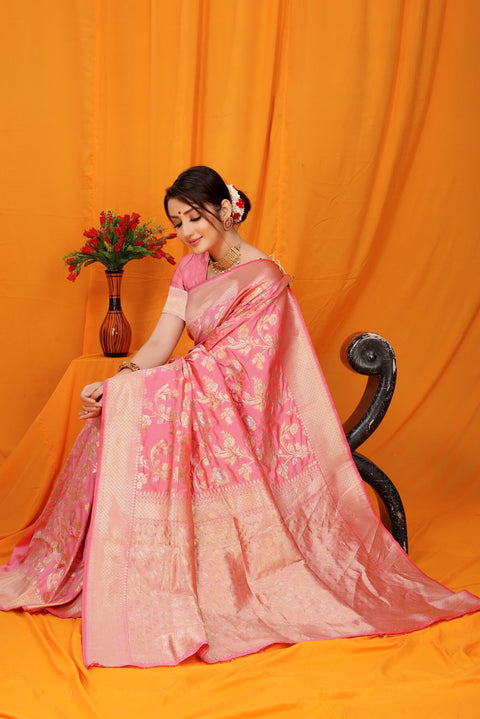 VastraLakshmi Gorgeous Pink Kanjivaram Silk With Scintilla Blouse Piece