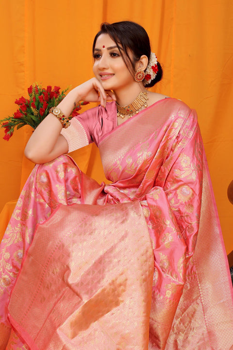 VastraLakshmi Gorgeous Pink Kanjivaram Silk With Scintilla Blouse Piece