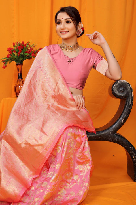 VastraLakshmi Gorgeous Pink Kanjivaram Silk With Scintilla Blouse Piece