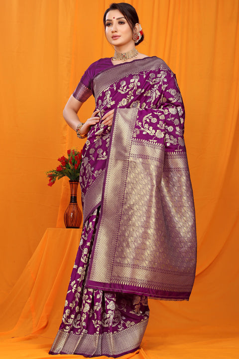 VastraLakshmi Mesmerising Purple Kanjivaram Silk With Scintilla Blouse Piece