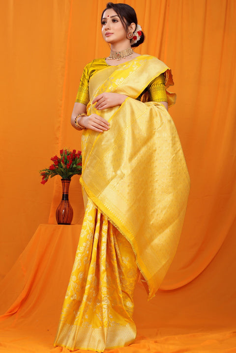 VastraLakshmi Outstanding Yellow Kanjivaram Silk With Scintilla Blouse Piece