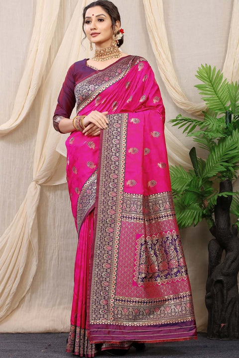 VastraLakshmi Improbable Dark Pink Banarasi Silk Saree With Redolent Blouse Piece