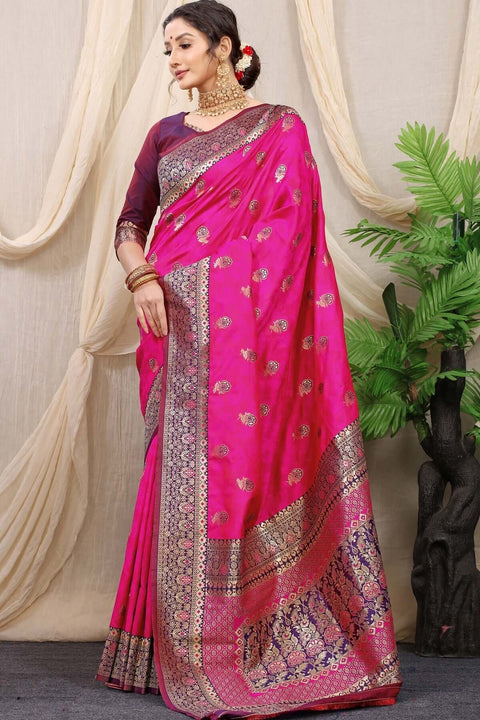 VastraLakshmi Improbable Dark Pink Banarasi Silk Saree With Redolent Blouse Piece