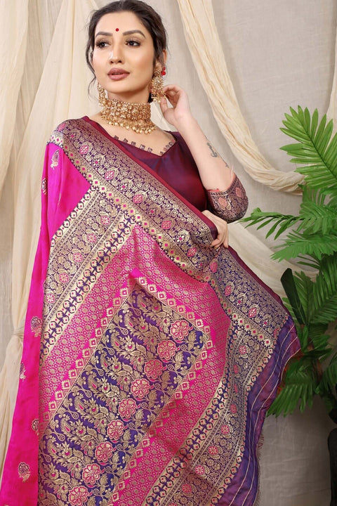 VastraLakshmi Improbable Dark Pink Banarasi Silk Saree With Redolent Blouse Piece