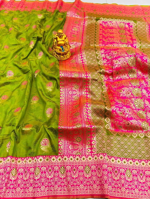 VastraLakshmi Prodigal Mehndi Banarasi Silk Saree With Redolent Blouse Piece