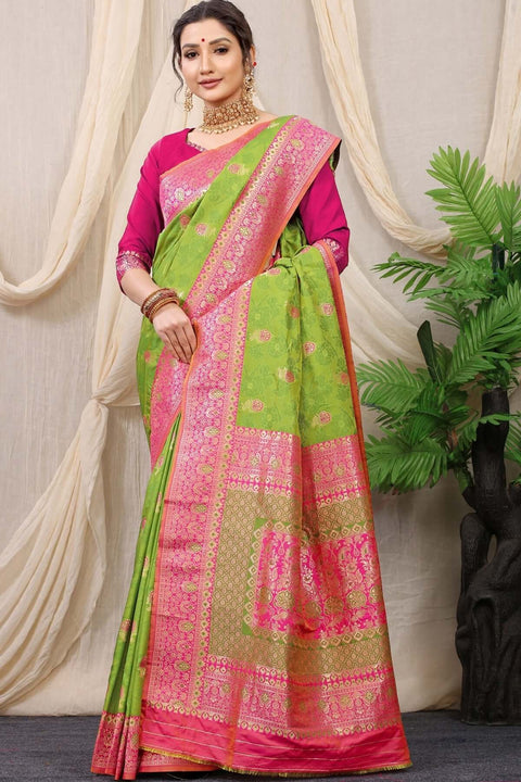 VastraLakshmi Prodigal Mehndi Banarasi Silk Saree With Redolent Blouse Piece