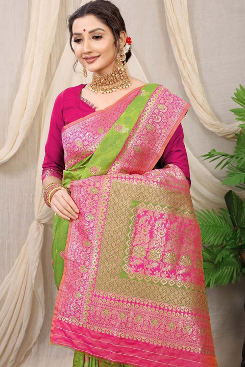 VastraLakshmi Prodigal Mehndi Banarasi Silk Saree With Redolent Blouse Piece