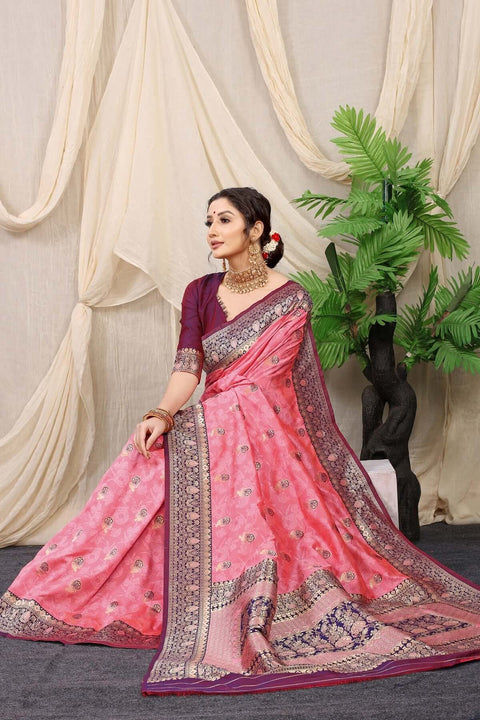 VastraLakshmi Incomparable Pink Banarasi Soft Silk Saree With Redolent Blouse Piece