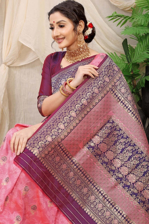 VastraLakshmi Incomparable Pink Banarasi Soft Silk Saree With Redolent Blouse Piece