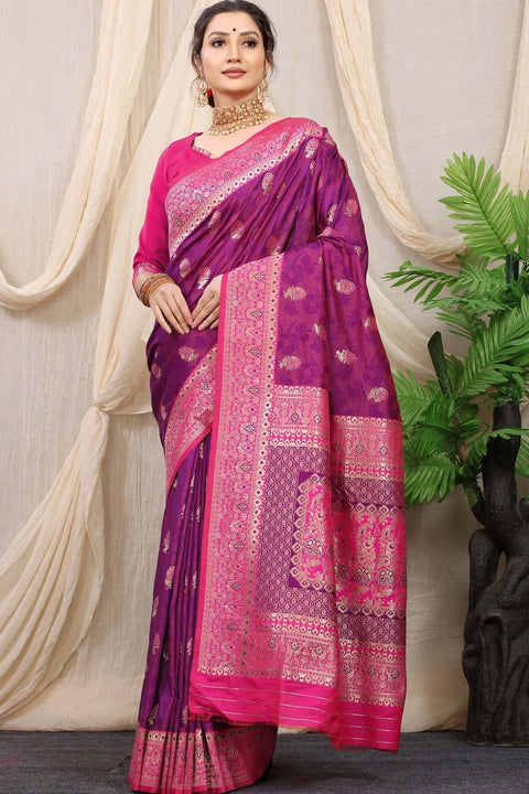 Purple Banarasi silk saree with jacquard weaving and pink border, styled elegantly for a classic look.