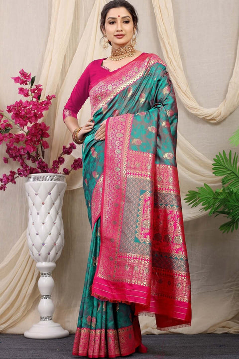 VastraLakshmi Elaborate Rama Banarasi Silk Saree With Redolent Blouse Piece