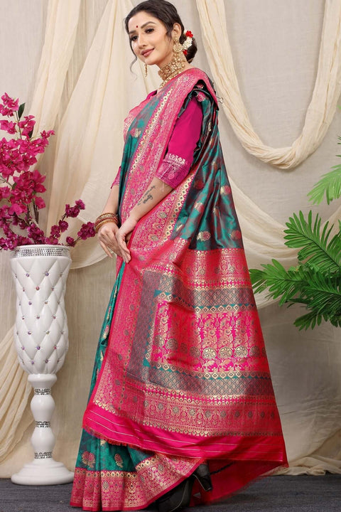 VastraLakshmi Elaborate Rama Banarasi Silk Saree With Redolent Blouse Piece