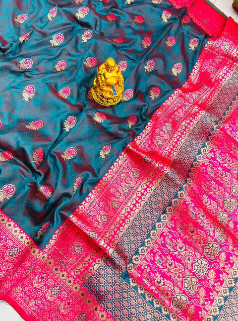 VastraLakshmi Elaborate Rama Banarasi Silk Saree With Redolent Blouse Piece