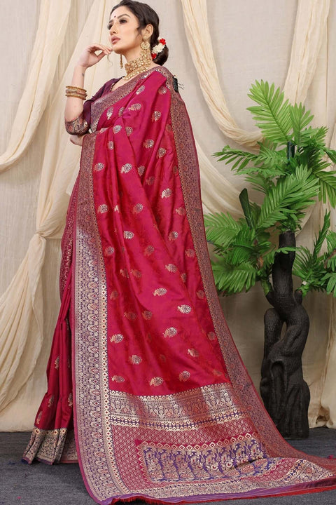 VastraLakshmi Glittering Wine Banarasi Silk Saree With Redolent Blouse Piece