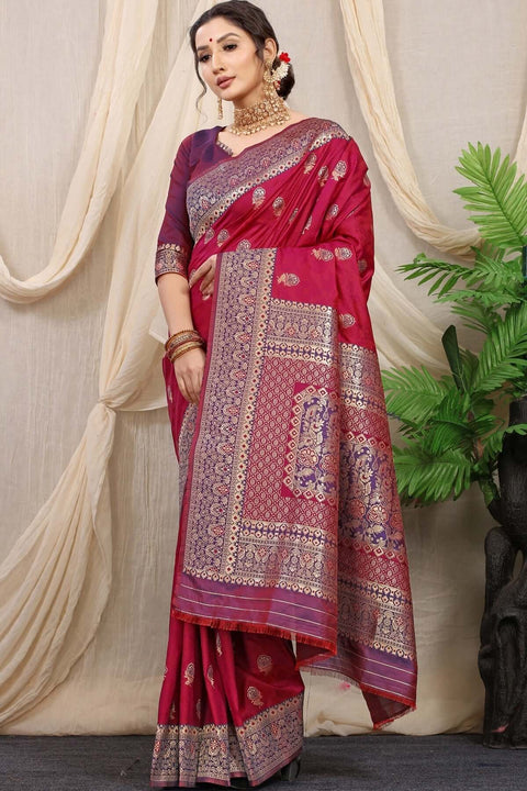 VastraLakshmi Glittering Wine Banarasi Silk Saree With Redolent Blouse Piece